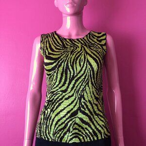 Vintage Y2K S Satin Tank Top Crinkle Pleats Satin Lime Green Zebra Stretchy Fit